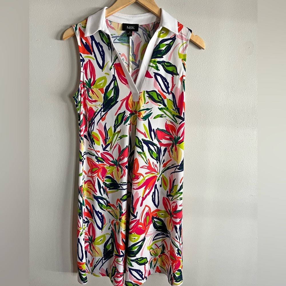 MSK Floral Sleeveless Shift Dress White Collar Stretch Resort S